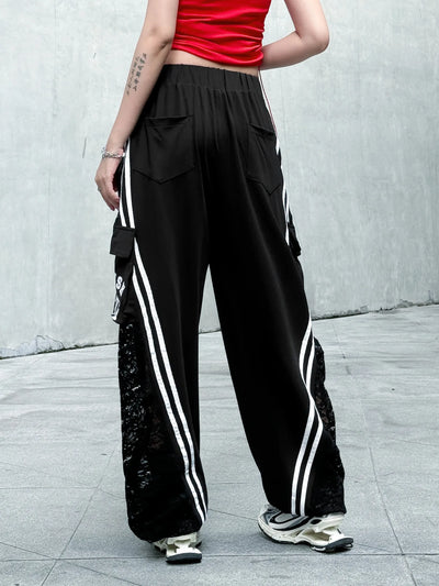 Wide Leg Pants Women Floor Length Patchwork Lace Denim Stripe Print High Waist Multiple Pockets 2025 Streetwear Cargo Trousers