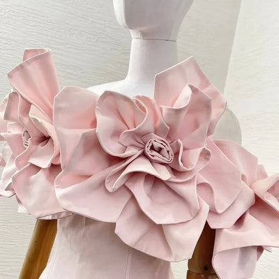 2025 New Design Spring Summer Strapless Pink Flowers High Quality Appliqued Decoration Women Midi Dress - Elanique