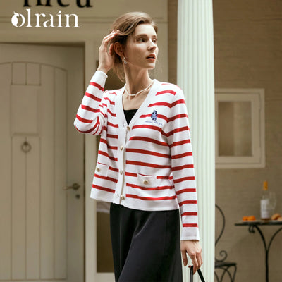 OLrain Wool Blend Striped Cardigan Women 2025 Spring Commute Embroidery V Neck Long Sleeve Chic Button Knitwear M56QZ86390