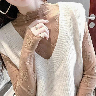Women Mesh T-Shirts Transparent Lace Blouse Long Sleeve See Through Tops
