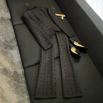 TWOTWINSTYLE Spliced Pearl Solid Two Piece Sets For Women Lapel Long Sleeve Top High Waist Pants Elegant Set Female KSE534390