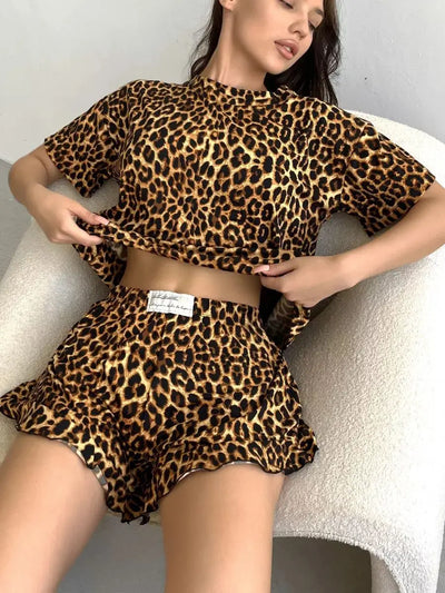 Women Pajamas Sleepwear Set Crewneck Short-sleeved T-shirt And Shorts S M L XL Brown Leopard Print Casual Comfortable Loungewear