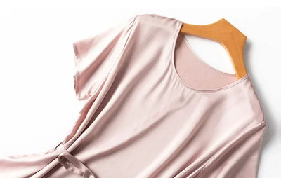 Women Midi Dress 100% Mulberry Silk 20 Momme Crew neck belted waist Solid Color Light Pink A Line Long Dress MM883