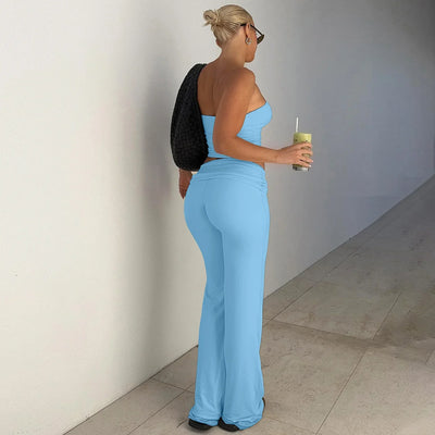 Women's Clothing 2025 Spring Fashion New Item Solid Color Strapless Top Flared Pants Fashionable Slim Fit Sports Suit for Women