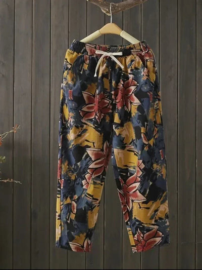 Fashion Printed Cotton Linen Harem Pants for Women 2025 Summer Casual High Waist Calf-Length Loose Trousers Female Streetwear