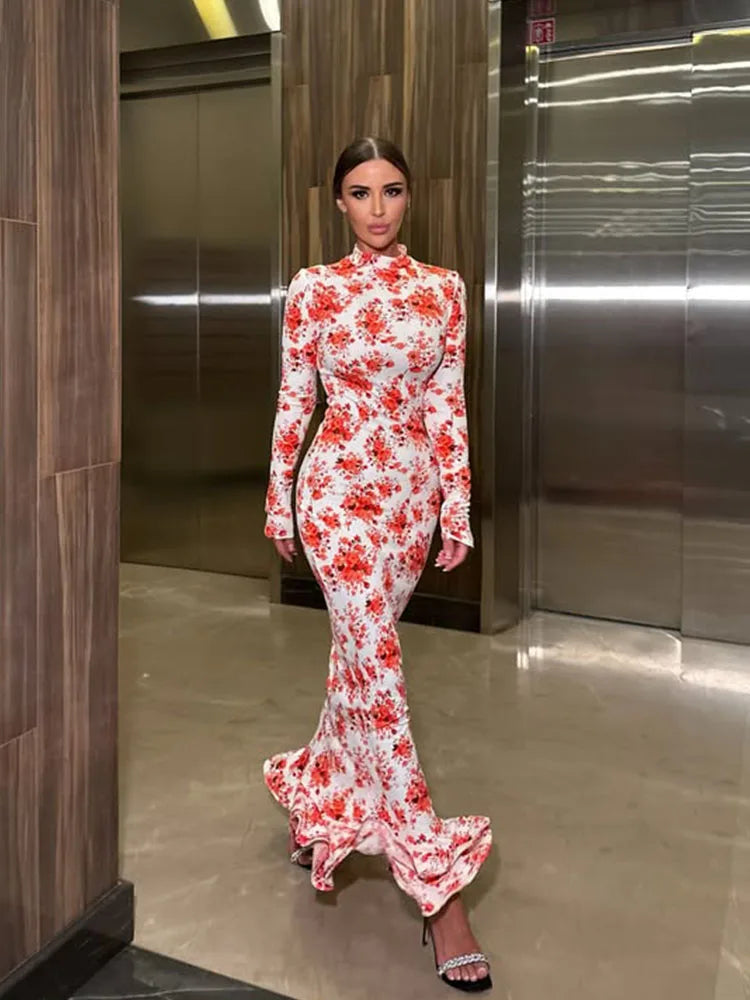 Floral Printed Dresses For Women Fashion Sexy Streetwear Casual Full Sleeves Turtleneck Slim Hip Wrap Long Vestidos Robes Female