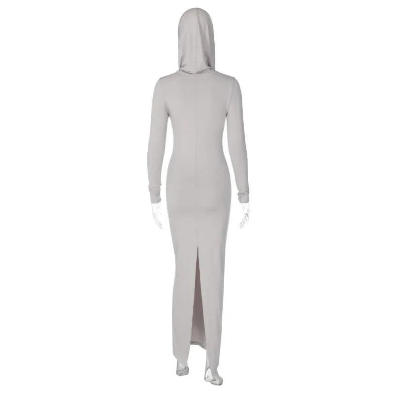 Hooded Long Dress For Women Y2k Clothes Sexy Streetwear Long Sleeve Bodycon Vestidos De Mujer Solid Robe Femme Été Back Split