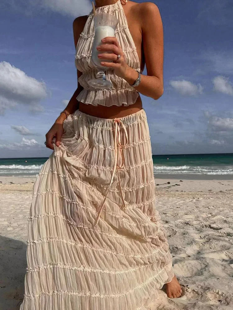 2025 Women Summer Loungewear Suits, Halter Short Top Maxi Skirts 2PCS Matching Sets, White Color Fashion Backless Ladies Outfit