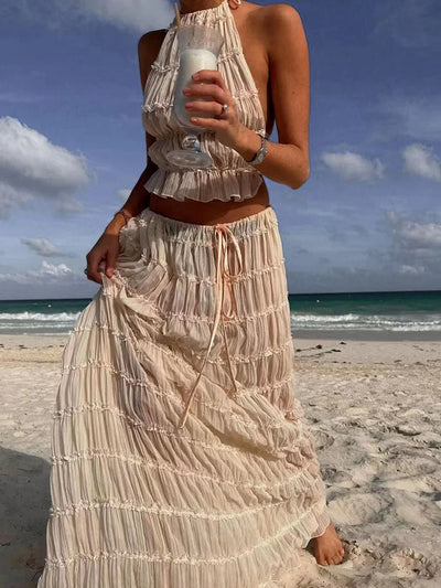 2025 Women Summer Loungewear Suits, Halter Short Top Maxi Skirts 2PCS Matching Sets, White Color Fashion Backless Ladies Outfit