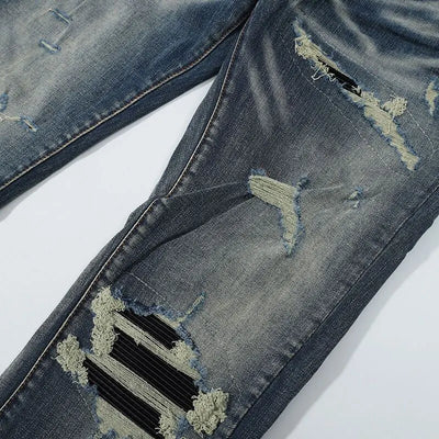 Fashionable new men's jeans with pleated elastic slim fit, retro washed blue jeans, high street designer hip-hop brand pants, ho