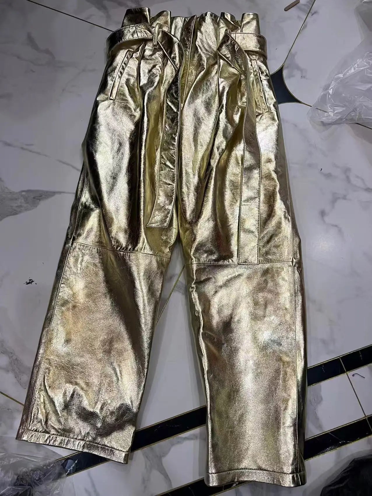 Stylish Genuine Leather Pants Women Sheepskin Bow Tie Lace High Waist Trousers Mujer Khaki/Green Straight Wide Leg Pantalon