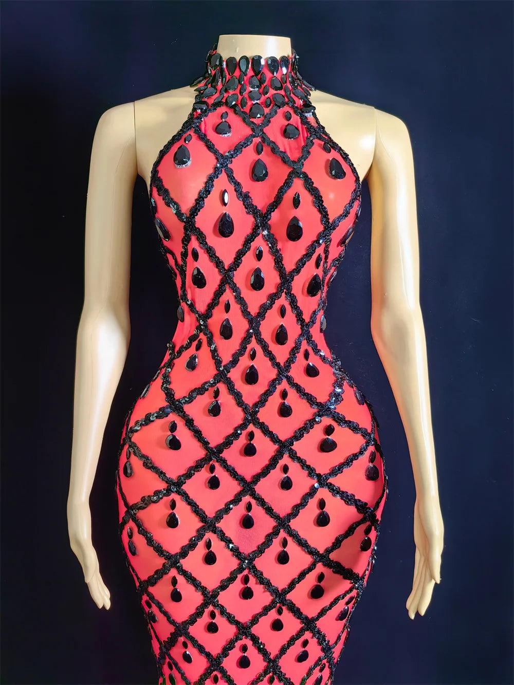 Women Sexy Stage Shining Rhinestone Sequins Dress Evening Prom Birthday Dress Transparent Performance Singer Club Host Dress