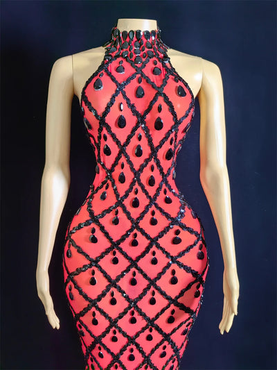 Women Sexy Stage Shining Rhinestone Sequins Dress Evening Prom Birthday Dress Transparent Performance Singer Club Host Dress