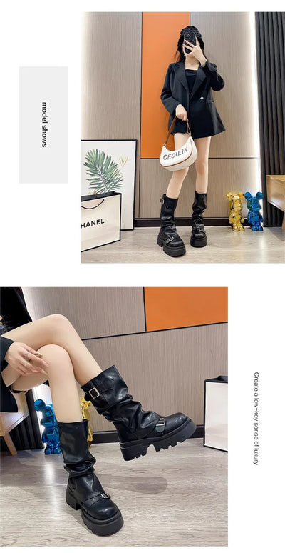 Women's Boots Brown Maillard Retro New Spring Autumn Height Increasing Comfortable Anti Slip Fashion Belt Buckle Boots 2025