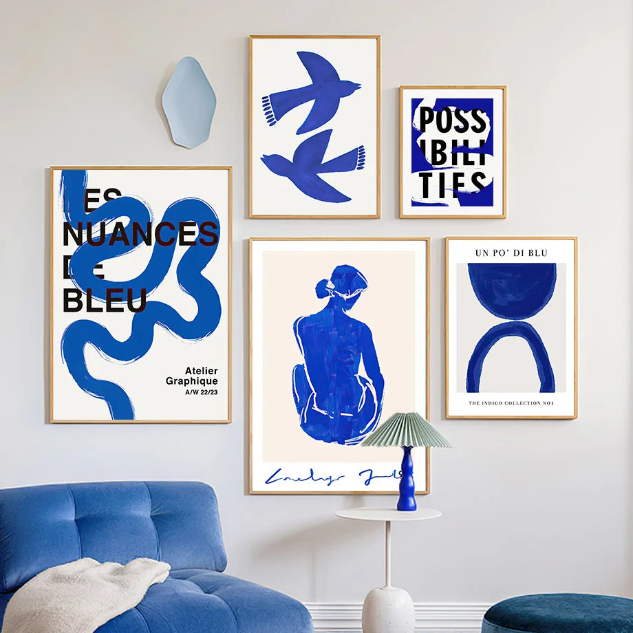 Wall Art Mural Print Canvas Pictures Blue Girl Body Pigeons Line Minimalist Abstract Living Room Home Decoration Painting Poster