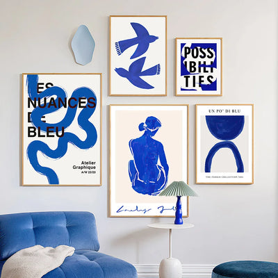 Wall Art Mural Print Canvas Pictures Blue Girl Body Pigeons Line Minimalist Abstract Living Room Home Decoration Painting Poster