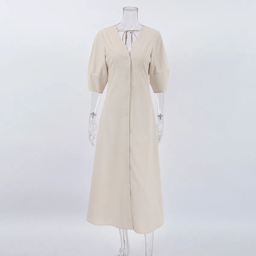 Retro Cotton Linen Women'S Summer Dress Sexy V-Neck Puff Sleeve Long Maxi Birthday Graduation Dresses Beach Sundress Robe Femmes