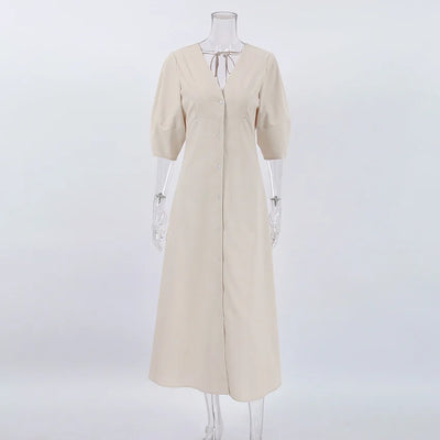 Retro Cotton Linen Women'S Summer Dress Sexy V-Neck Puff Sleeve Long Maxi Birthday Graduation Dresses Beach Sundress Robe Femmes