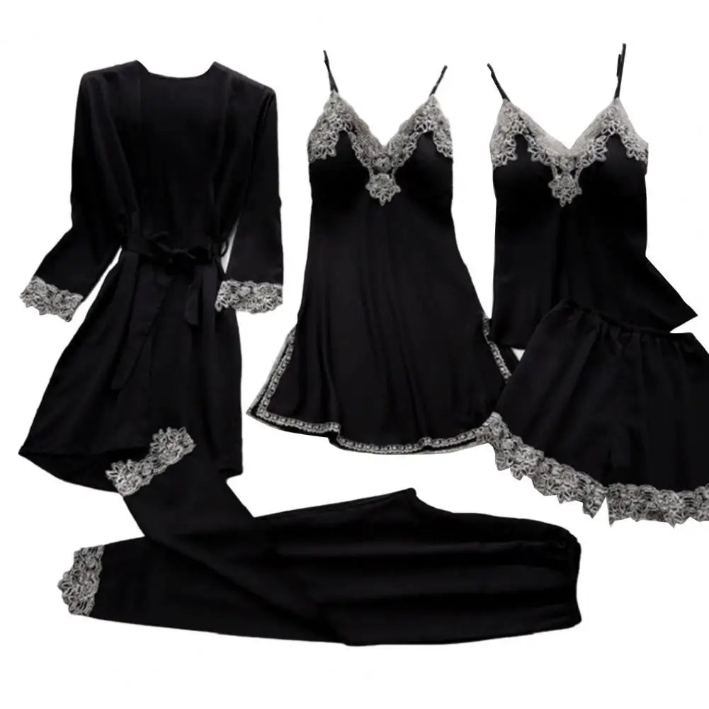 5-piece Loungewear Set Silky Satin Lace Patchwork Women's Pajamas Set with Top Shorts Pants Loose Lace-up Waist Homewear
