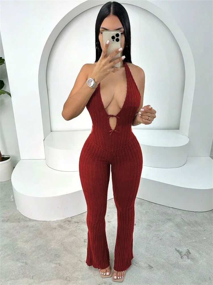 Joskaa Knitted Halter Backless Jumpsuit Women Sexy Deep V-Neck Bow Sleeveless Skinny Overalls 2025 Fitness Sportswear Clubwear