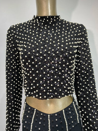 Women Luxury Pearl Sequin Embroidery Bandage Outfits Dress Long Sleeve Crop Top Long Flare Skirt 2 Pieces Set Evening Party