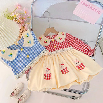 Rabbit Embroidery Cherry Lace Checkered  Peter Pan Collar Dress For Toddler |Girl  1-4Y Infant Girl Princess Dress|New Arrival