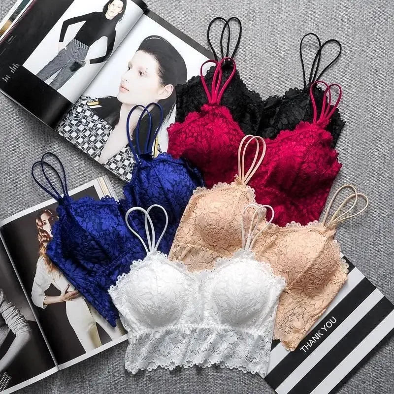 Women's Lace Bra Sexy Hollow Out Flower Underwear Bralette Wireless Push Up Breathable Strap Padded Vest Lingerie
