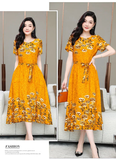 New Fashion 2024 Print Summer Dresses For Women Short Sleeve O-Neck Elegant Summer Dress Woman Clothing