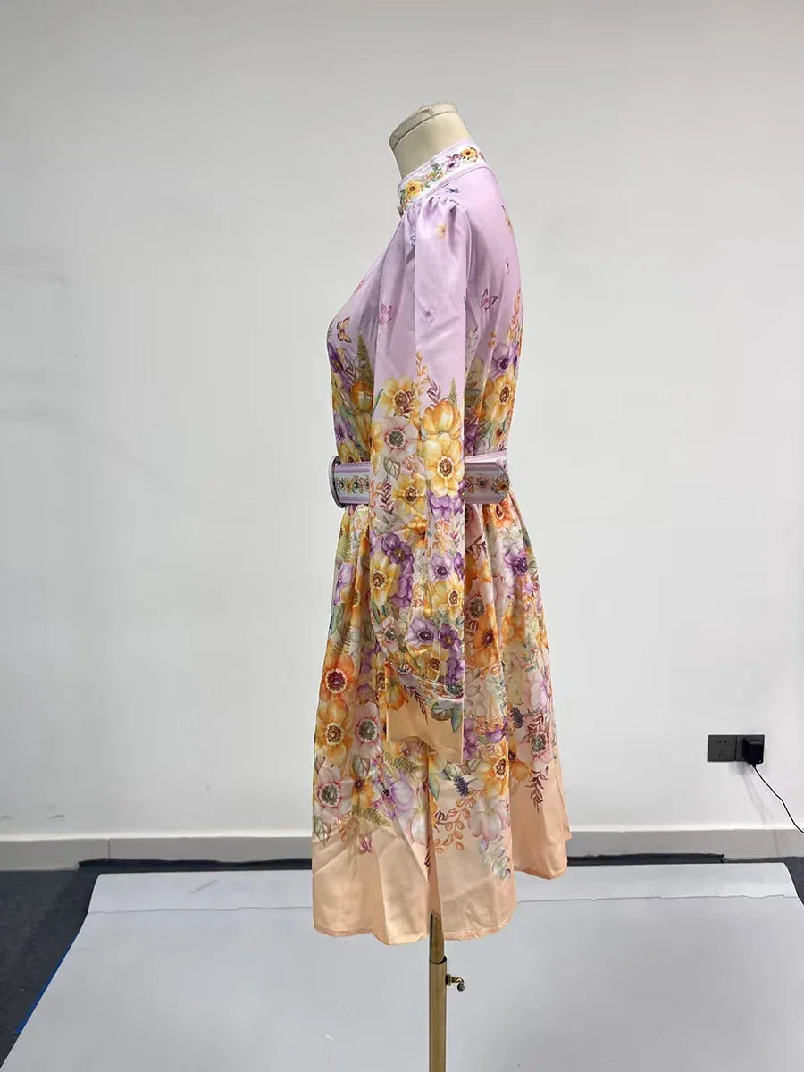 TWOTWINSTYLE Floral Printted Chic Dress For Women O Neck Long Sleeve Patchwork Sashes Temperament Dress Female Fashion KDR523818