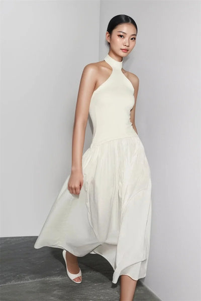 Women's Dress New Summer 2025 White Halterneck Panelled Dress Sexy off-the-shoulder design Elegant temperament Personality