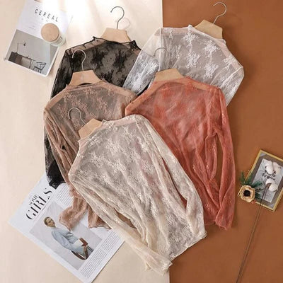 Women Mesh T-Shirts Transparent Lace Blouse Long Sleeve See Through Tops