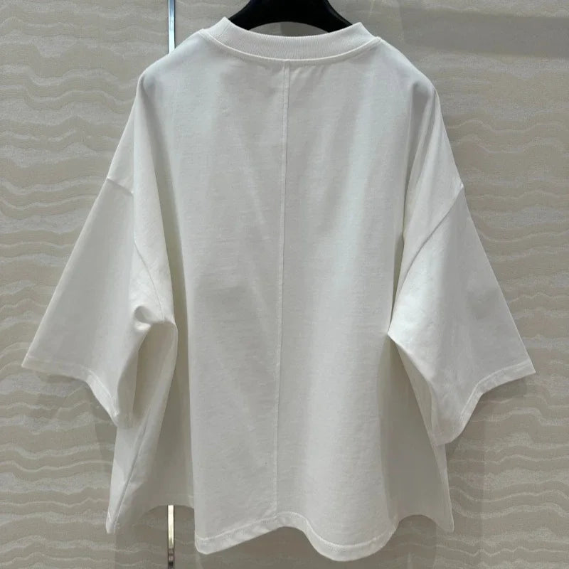 100% Cotton White Top Shoulder-loose High-end Short-sleeved Women T-shirt