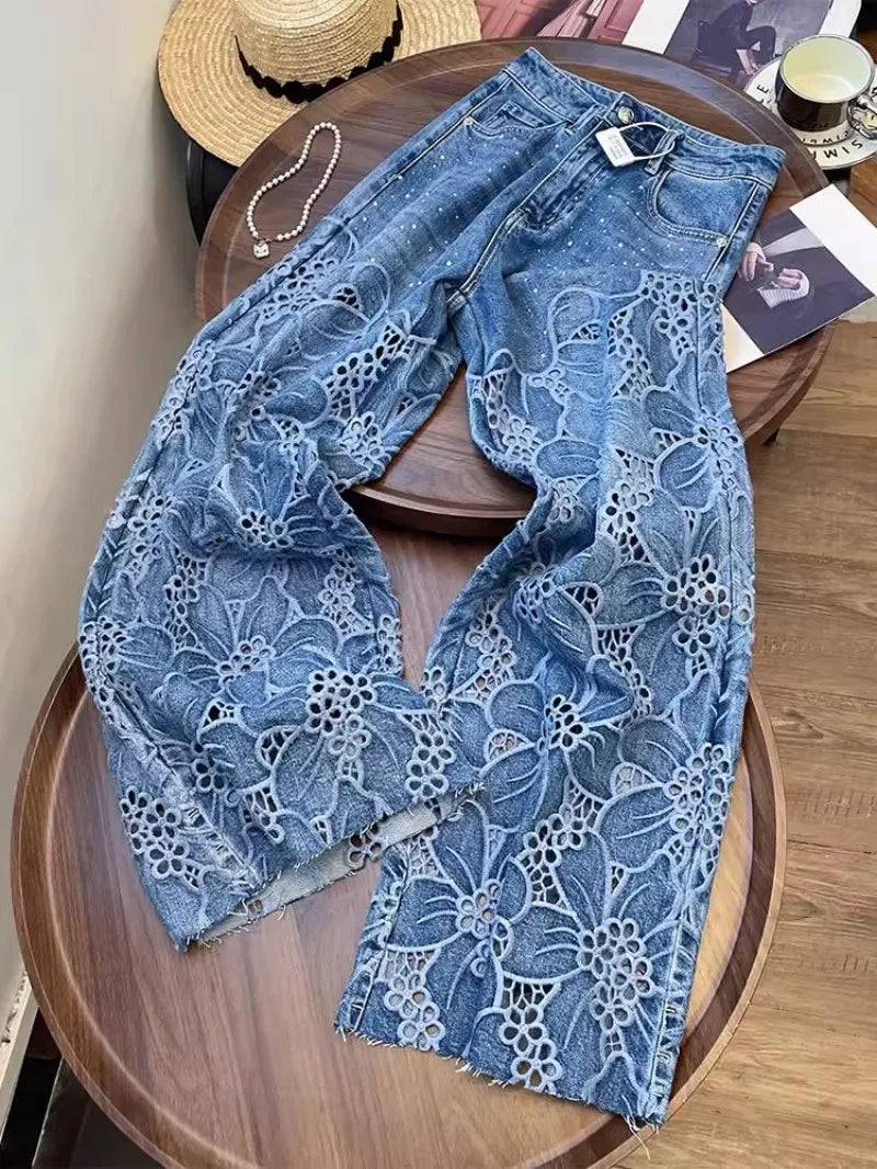 Summer Women Lace Floral Embroidery Wide Leg Denim Pants Spliced Loose Fit High Waist Hollow Out Jeans Streetwear Long Trousers