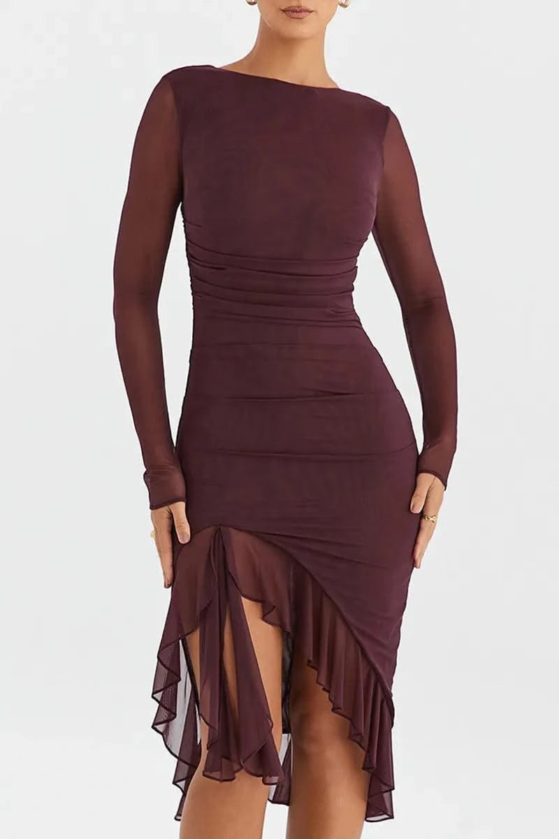 Ruffle Ruched Midi Dress For Women
