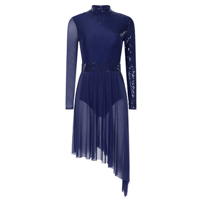 Women Modern Lyrical Dress Camisole Dance Costume Ballet Asymmetric High-Low Mesh Skirted Sleeveless Leotard Gymnastic Dancewear