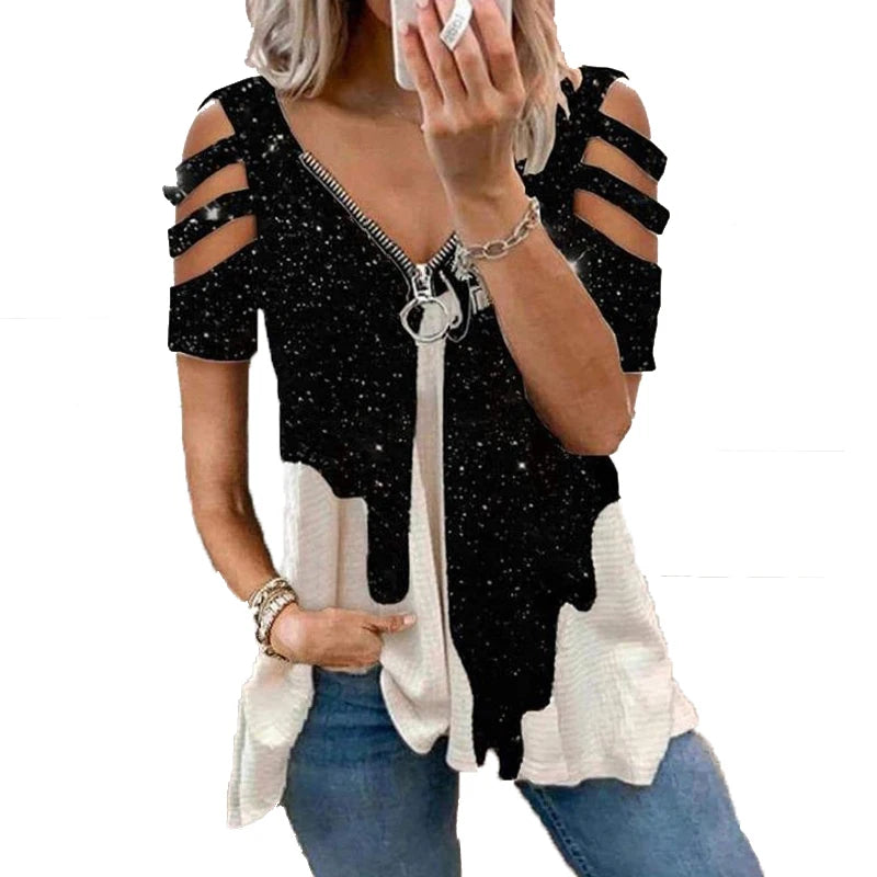 Summer Women's Oversized T-shirt 2025 Elegant Print Floral Casual Zipped V-Neck Sexy SlimTop Female Plus Size For Women Clothing