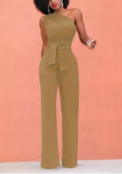 Women's Jumpsuit Solid Skew Collar Crop Top Straight Pants Belt Sexy Sleeveless Loose Pants Elegant Charming Playsuits 2024