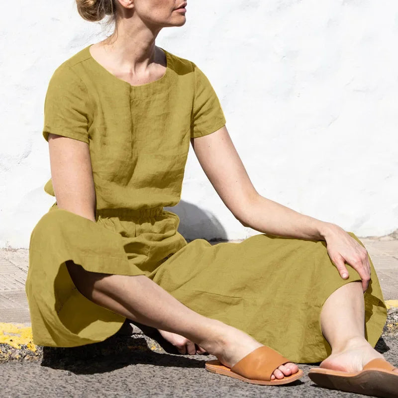 2025 Summer Short Sleeve Rompers Casual Loose Tighten Waist Solid Work Long Playsuit Elegant Women Jumpsuits Retro Overalls