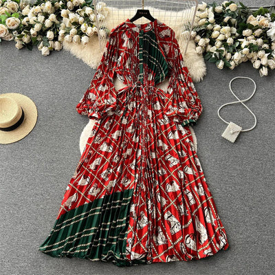 Retro Print Elegant Pleated Lantern Long Sleeve O Neck Single Breasted Dress A-line  Casual High Waist Women Summer Dresses