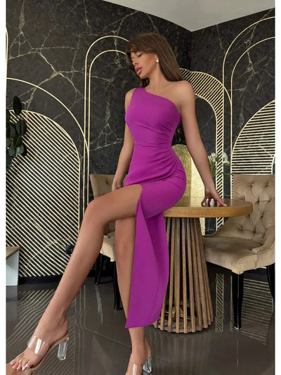 Women's Evening Dress For A Corporate Party Female Party One Shoulder Side Slits Pleats Night Club Long Dress