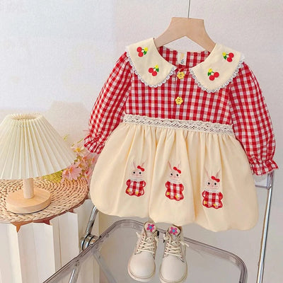 Rabbit Embroidery Cherry Lace Checkered  Peter Pan Collar Dress For Toddler |Girl  1-4Y Infant Girl Princess Dress|New Arrival