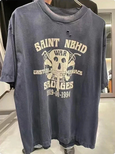 Saint 2025 New Short Sleeve Men Women T-shirts Retro Oversize White Black O-Neck Cotton Print