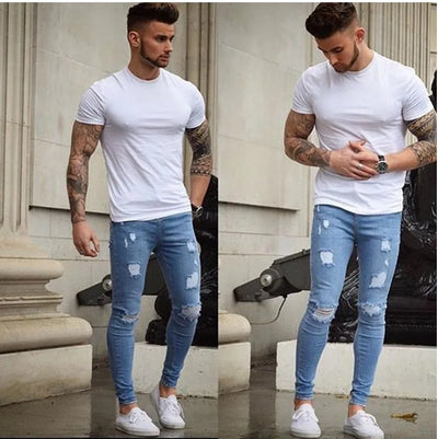 Men Jeans Denim Pencil Pants Distressed Mid Waist Sheath Ankle Length Zipper Fly Pockets Slim Washing High Street 2024