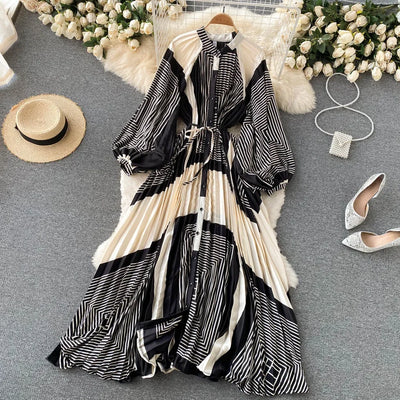 Retro Print Elegant Pleated Lace-up Chiffon Long Sleeve Dress A-line Blouse French Casual V-neck High Waist Women Summer Dresses