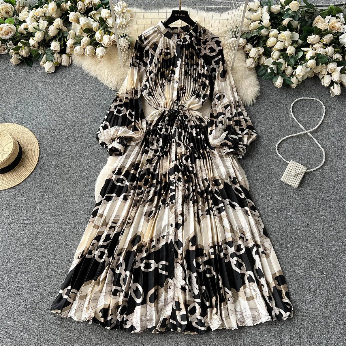 Retro Print Elegant Pleated Lantern Long Sleeve O Neck Single Breasted Dress A-line  Casual High Waist Women Summer Dresses