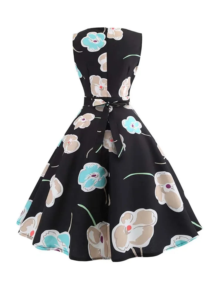 Women's Summer Sleeveless Midi Dress Green Leaf Print O-Neck Retro Vintage Party Robe Casual Elegant Female Clothing