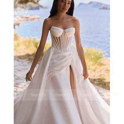 Romantic Wedding Dress fullSatin Ball Gown elegant pleats split sleeveless Strapless customized Bride zipper Robe Mariée Satin
