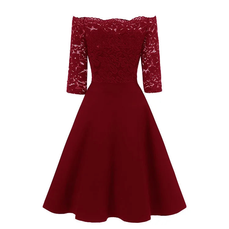 Women Elegant Wedding Bridesmaid Dinner Dress Sexy Lace Off Shoulder Party Dresses Solid Color Half Sleeve Evening Gown Vestido