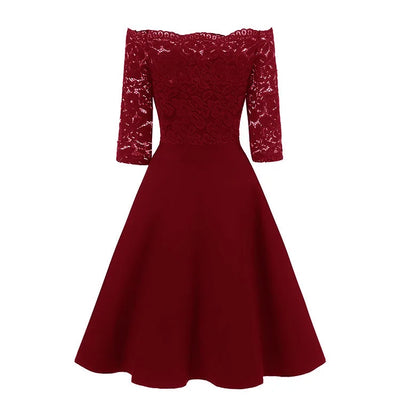 Women Elegant Wedding Bridesmaid Dinner Dress Sexy Lace Off Shoulder Party Dresses Solid Color Half Sleeve Evening Gown Vestido