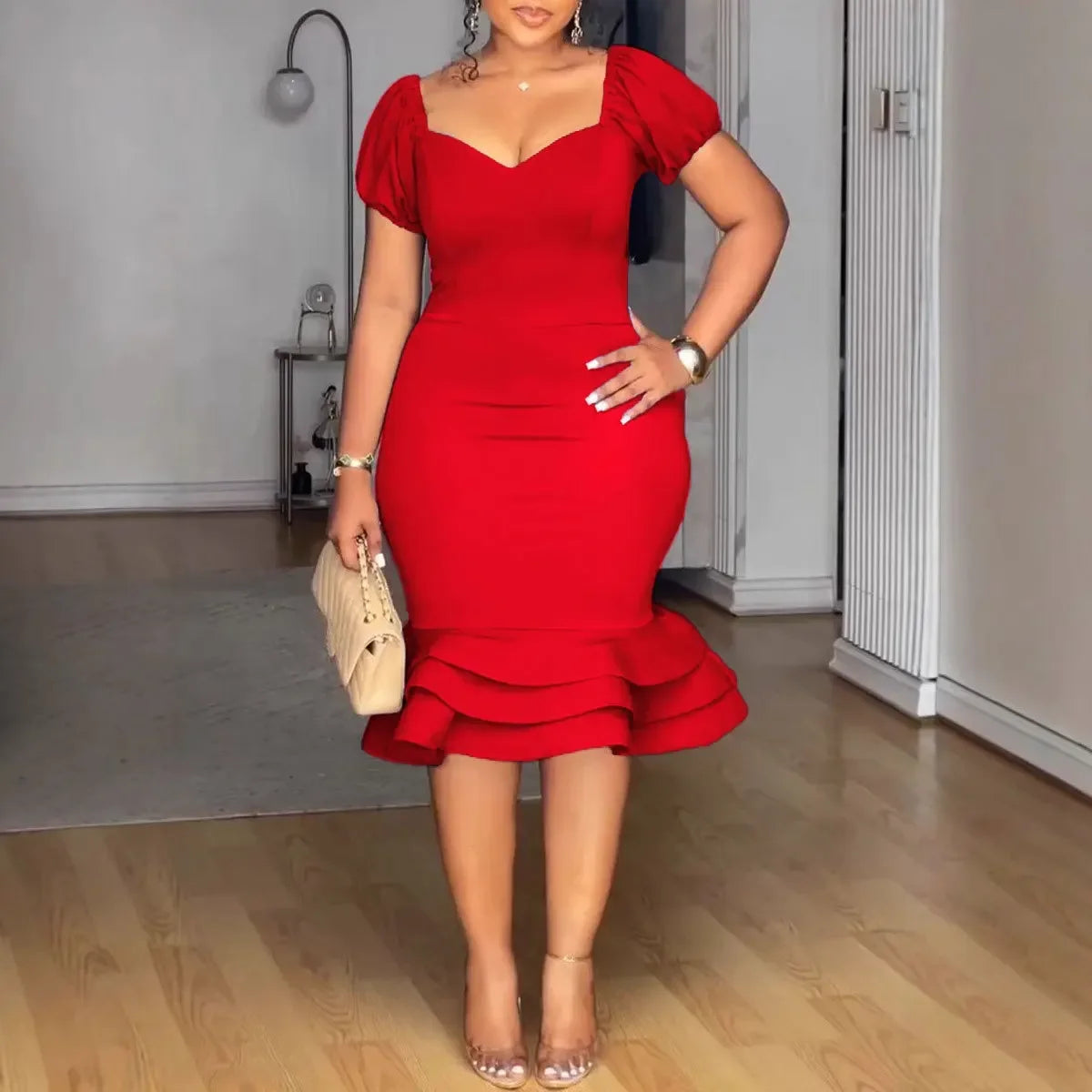 Elegant Party Dress for Women Ruffle Evening Dresses Lantern Short Sleeve Fishtail Tiered Wedding Dress Women